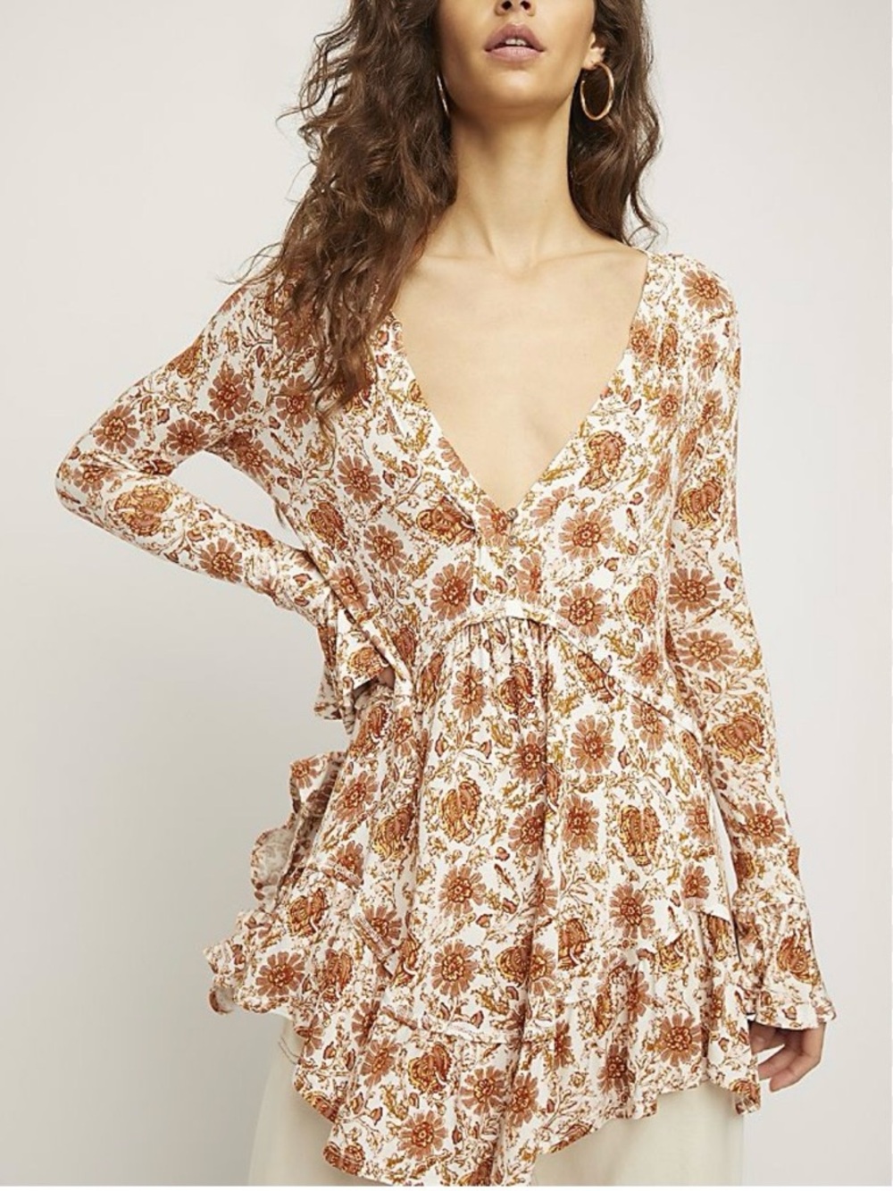 Free People “Olivia” Boho Floral Ruffle Tunic Dress